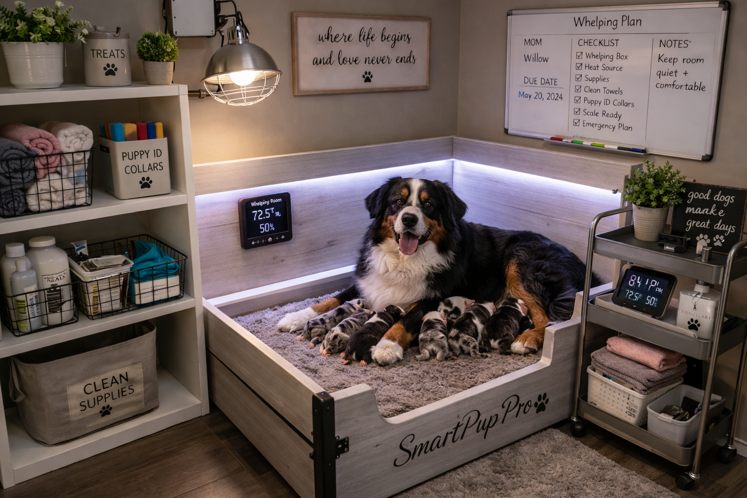 Prepared whelping room for dog breeders with organized supplies and space for recording puppy birth details